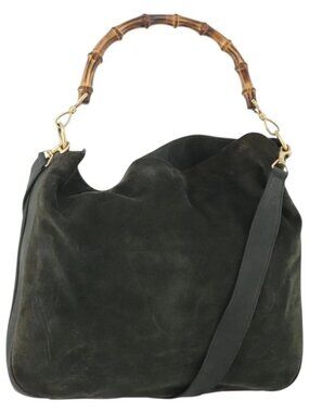 GUCCI Bamboo Shoulder Bag Suede 2way Khaki Gold Auth 180802